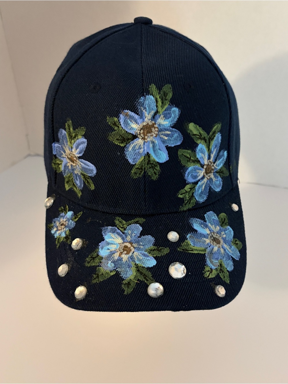 Floral Hand Painted Blue Baseball Cap - Women Accessories